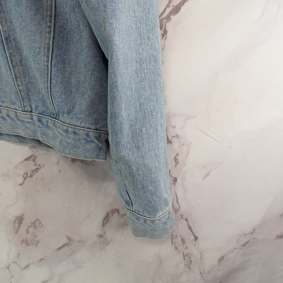 Vintage Denim Jacket Women Large Jean 80s 90s Y2K Linen Collar Light Wash Crop - Picture 4 of 14